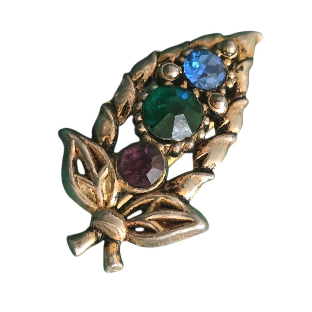 Vintage Scatter Pin Floral Leaf Spray MCM Blue Green Purple Rhinestones SKU 3446
